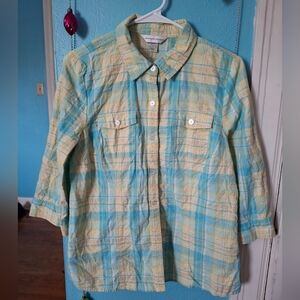 Christopher & Banks Women's Med Blouse Top 3/4 Sleeves W Cuffs Yellow & Blue Exc